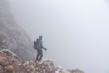 Hiking in the mountain Nevado de Colima Nacional park, at top peak over forest