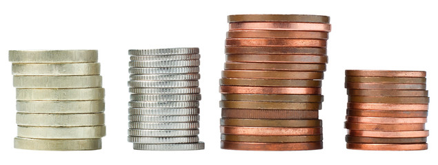 Stacks of Coins Isolated on White Background