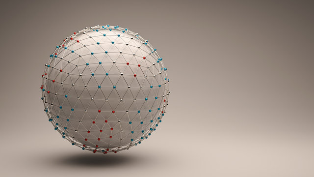 spherical grid with colored connections symbolizing a complex network