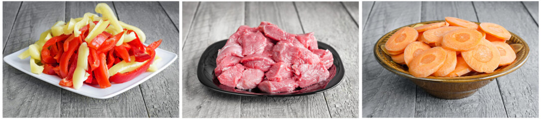 Raw ingredients on plates, sliced for cooking