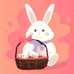 Teddy rabbit with basket of easter eggs vector illustration. Plush toy hare. Good for easter illustration. Vector icon
