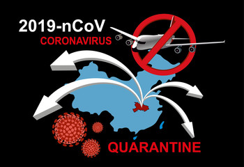 Fototapeta premium 2019-nCoV. China pathogen respiratory coronavirus 2019-nCoV. Flu spreading of world, China map, arrows, floating influenza virus cells. Dangerous chinese ncov corona virus, SARS pandemic risk alert
