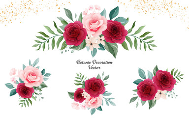 Set of floral arrangements of peach and burgundy rose flowers and leaves. Romantic botanic illustration for wedding, greeting, and valentine card design vector