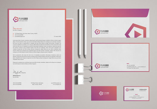 Pink Gradient Stationery Set with Abstract Logo Illustration