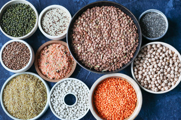 Bowls of various legumes (chickpeas, green peas, red lentils, buckwheat, quinoa, chia seeds, bulgur, yellow peas, green mung beans) on dark blue background