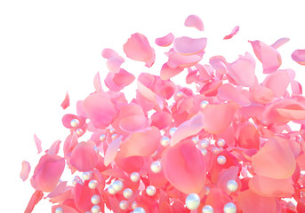 Background texture of beautiful delicate vibrant pink rose petals and white shiny pearls in random pile. Explosion of fresh rose petals and pearls