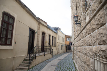 Empty street in old city of Baku, Azerbaijan. Old city Baku. Inner City buildings.