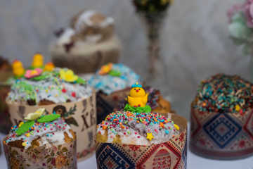 Fototapeta na wymiar Easter Cakes - Russian and Ukrainian Traditional Kulich, Paska Easter Bread. Selective focus. Homemade family cakes. Happy Easter spring concept.