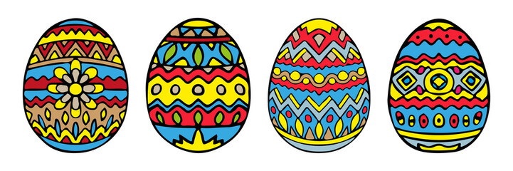 Set of painted bright colorful easter eggs. Vertical view. Vector hand drawing. Isolated object on a white background. Isolate.
