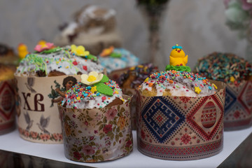 Easter Cakes - Russian and Ukrainian Traditional Kulich, Paska Easter Bread. Selective focus. Homemade family cakes. Happy Easter spring concept.