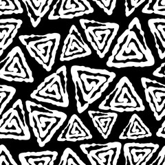 White contour triangles on a black background. Seamless pattern. Vector hand drawing. Texture.