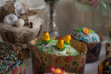 Fototapeta na wymiar Easter Cakes - Russian and Ukrainian Traditional Kulich, Paska Easter Bread. Selective focus. Homemade family cakes. Happy Easter spring concept.