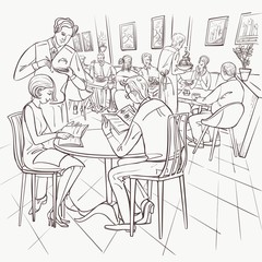 Family dinner or scene of breakfast is in restaurant interior. Woman is siting with man for table. The waiter takes the order.
