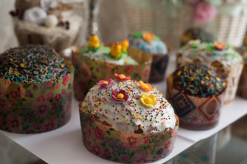 Easter Cakes - Russian and Ukrainian Traditional Kulich, Paska Easter Bread. Selective focus. Homemade family cakes. Happy Easter spring concept.