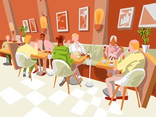 Family dinner or scene of breakfast is in restaurant interior. People are talking and eating in a cafe or a bistro of the city .