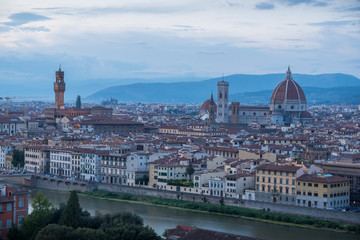 Florence panoramic view from above during blue hour with historical buildings Duomo churches and Ponte Vecchio
