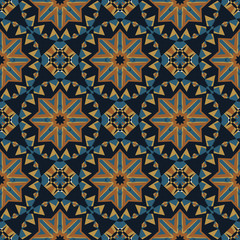 Creative color abstract geometric mandala pattern in blue and gold, vector seamless pattern  for fabric, interior, design, textile.