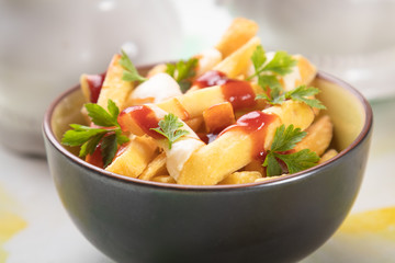 Canadian poutine potato fries with cheese and gravy