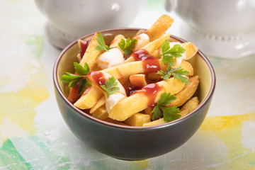 Canadian poutine potato fries with cheese and gravy