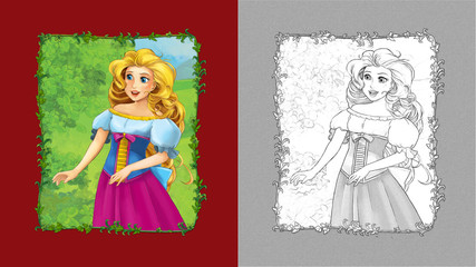 cartoon scene with princess queen on the meadow with sketch