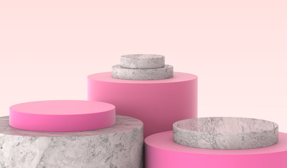3d render, silindir podyum, modern minimalist sahte, boş şablon, boş vitrin, mağaza ekran, allık pembe pastel renkler