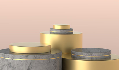 3d render, cylinder podium, modern minimalistic mock up, blank template, gold metal, empty showcase, shop display, blush pink pastel colors