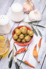 Pickled olives ready to eat, healthy food used in mediterranean cuisines