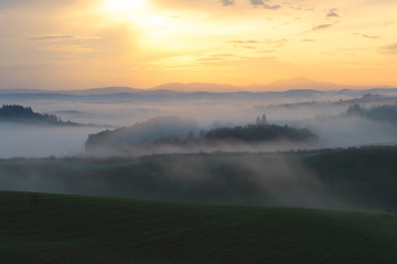 Foggy landscape in Tuscany, Italy, Europe