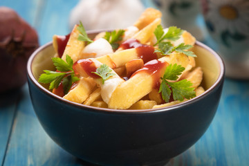 Canadian poutine potato fries with cheese and gravy