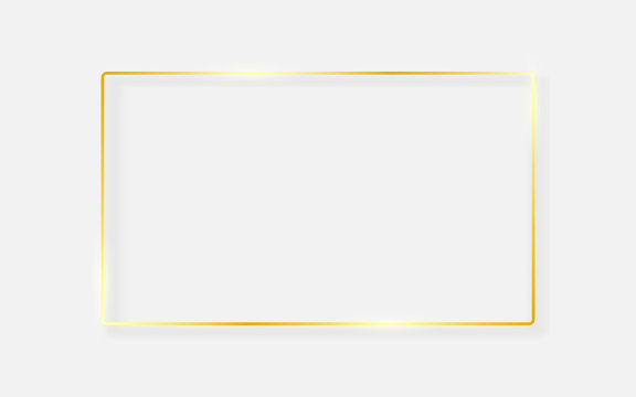 Gold frame on white background. Shiny golden border with light effects. Luxury rectangle with realistic shadow. Wedding or fashion object. Card template. Vector illustration