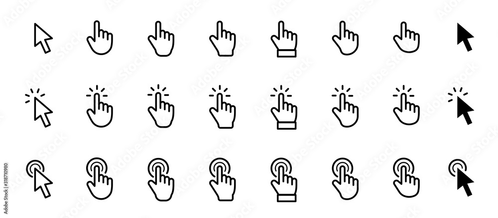 Poster pointer cursor сomputer mouse icon. clicking cursor, pointing hand clicks icons. click cursor - stoc
