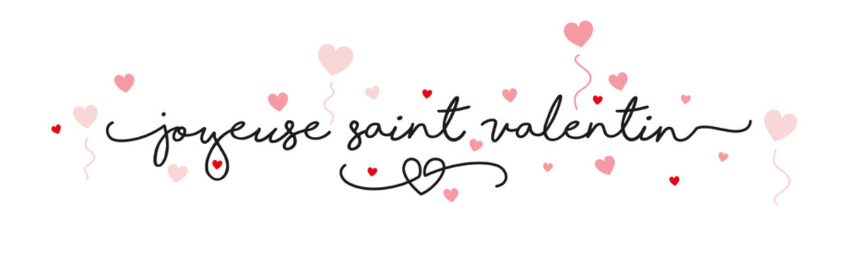Happy Valentine's Day French language handwritten typography lettering red pink hearts white banner