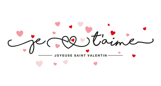 I love You French language handwritten typography line design heart pink red hearts Happy Valentine's Day greeting card