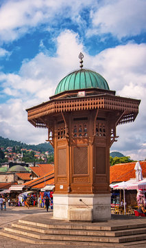 Bascarsija square with Sebilj wooden fountain in the old town of Sarajevo