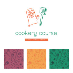 Vector badge for Cooking classes. Seamless pattern for banner of cooking courses. Kitchen utensils pattern. Vector templates for bakehouse packaging in trendy line ink style. Bread house banner.