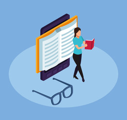 device with book and cartoon woman reading a book