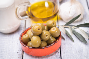 Pickled olives ready to eat, healthy food used in mediterranean cuisines