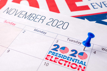 November 2020 presidential election text on calendar concept. To illustrate voting and political...