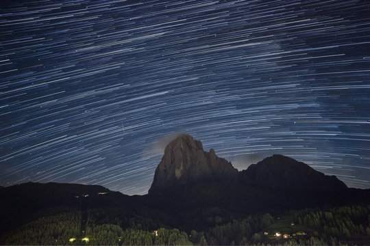 Startrail over the Sassolungo from Val Gardena area