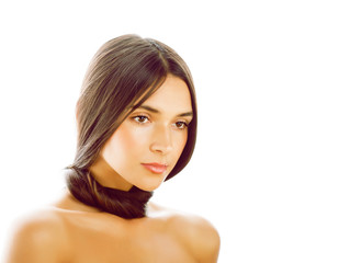 Fototapeta premium young fresh brunette tann girl with beauty hairstyle isolated on white closeup, soft spa face