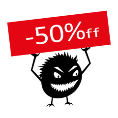 Fototapeta na wymiar Funny monster holds a 50 percent discount sign. An evil creature for campaigning in online stores. Isolated vector.