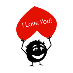 Silhouette of a funny little creature with a red heart in his hands above his head. On the heart of the text I love you. Critter for Valentine's Day. Isolated vector on a white background.
