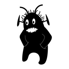 Silhouette of an alien monster with hands in the pockets of his pants. A creature with big eyes and sharp teeth. Isolated vector.