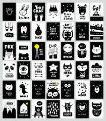 Big set of monochrome black and white posters in scandinavian style. - obrazy, fototapety, plakaty