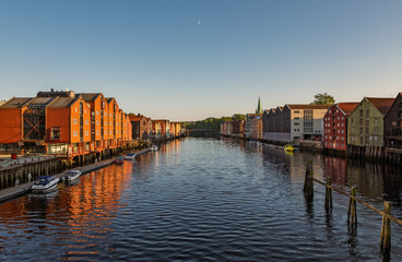 Evening sunset cityscape of Trondheim, Norway - architecture background in july 2019