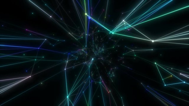 The camera flies through a temporary geometric tunnel.