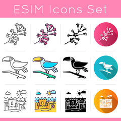 Brazil icons set. Linear, black and RGB color styles. Toucan. Exotic bird. Plumeria. Sand castle on the coast. Ipê tree. Ocean beach. Isolated vector illustrations