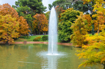 Fototapeta premium fountain in the pond The Palacio de Cristal in the Buen Retiro Park. Madrid, Spain