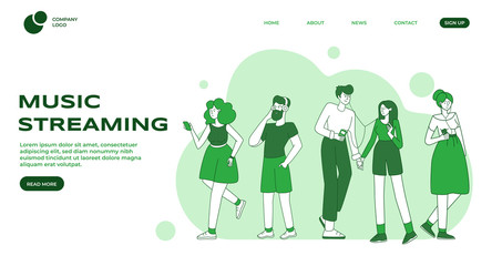 Music streaming landing page vector template. Male and female music lovers, people with headphones flat contour characters. Musical events announcement web banner homepage design layout