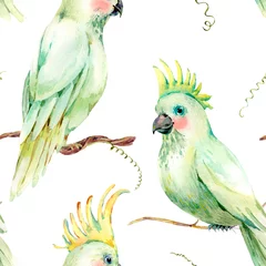 Foto op Plexiglas Papegaai Aquarel witte papegaai naadloze patroon. Vintage bloementextuur